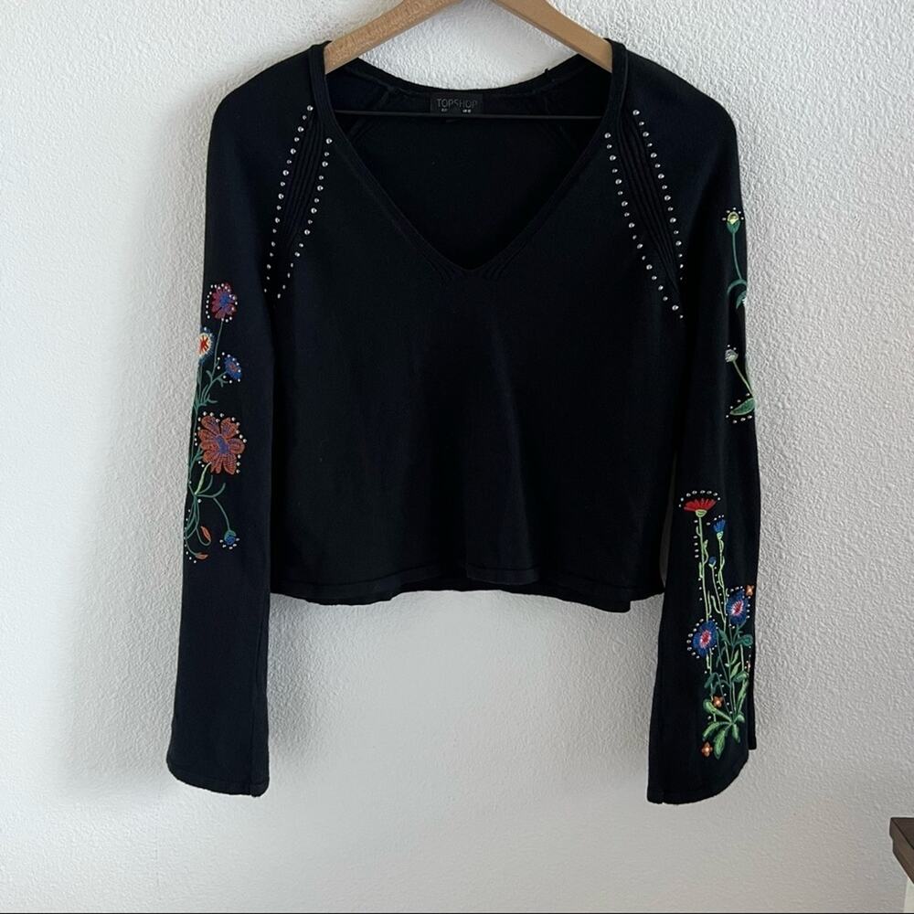 Top Shop Black Knit Bell Sleeve Embroidered and Studded Crop Boho Top US 6